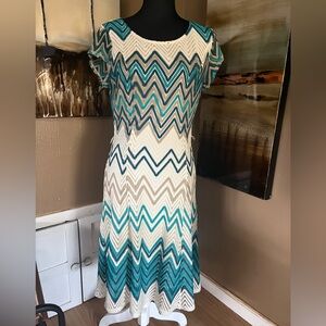Sharagano Zigzag Midi Dress in Teal and Cream